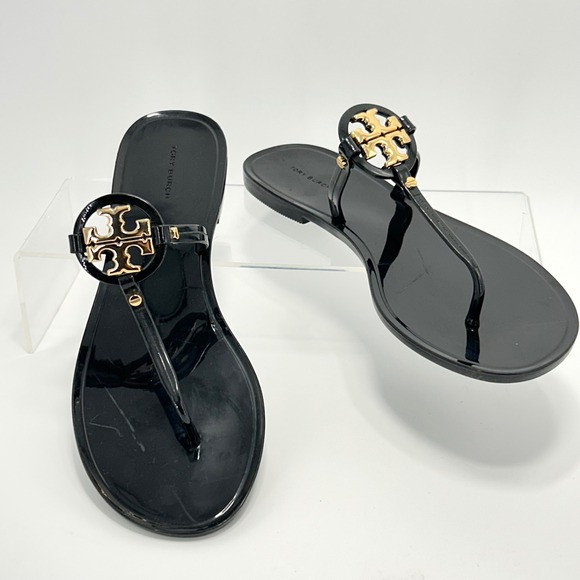 Tory Burch Size 9 Mini Miller Black Jelly Flip Flop Sandals Gold Logo T strap - Picture 3 of 13